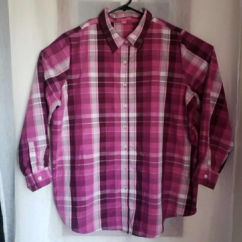 Woman Within Button Up Shirt 1X Plaid Classic Collar Hemline Styling Purple Pink